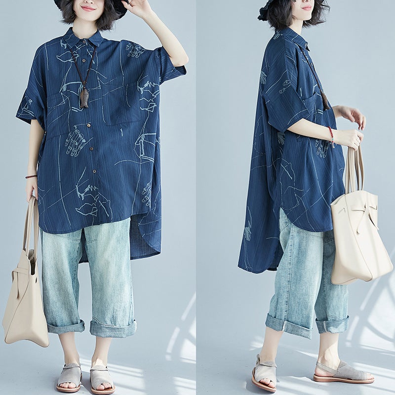 Casual Blue Plus Sizes Short Sleeves Shirts for Women-Shirts & Tops-Blue-One Size (45-70kg)-Free Shipping at meselling99