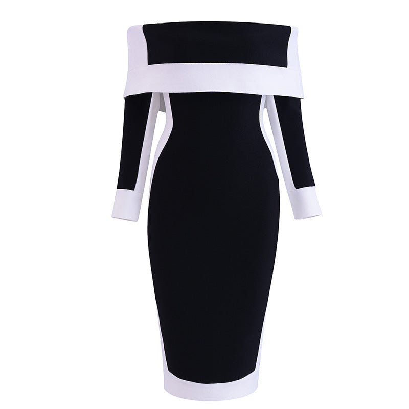 Black and White One Shoulder Women Party Dresses-Dresses-Black White-XS-Free Shipping at meselling99