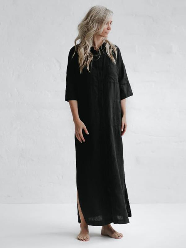 Meselling99 Simple Solid Split-Side Lapel Long Shirt Dress-Maxi Dress-Free Shipping at meselling99