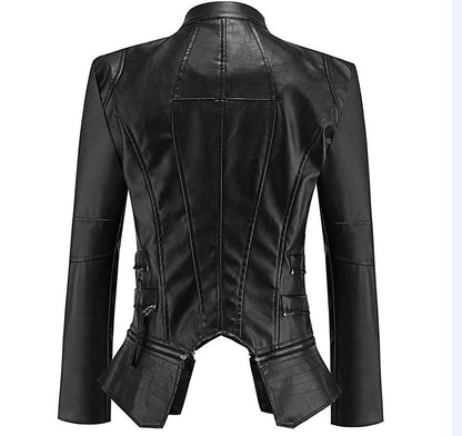 Women PU Leather Zipper Short Jacket Overcoat