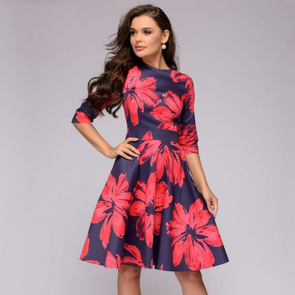 Elegant Women Round Neck Vintage Fall Dresses-Red-S-Free Shipping at meselling99