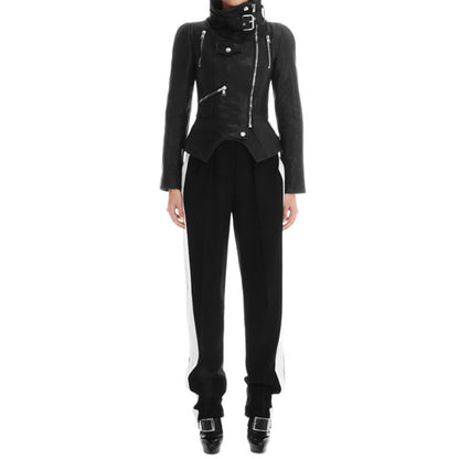 Women High Neck Zipper Short Black PU Leather Jacket