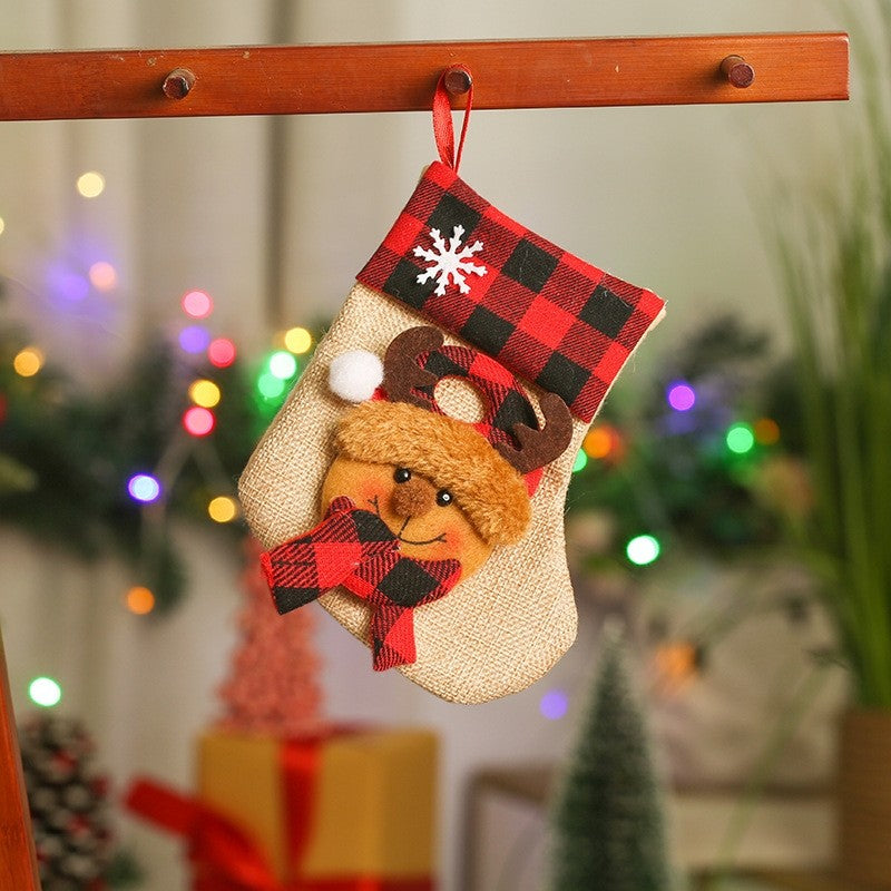 Red Black Plaid Ramie Cotton Patchwork Cute Cartoon Christmas Socks Gift Bag