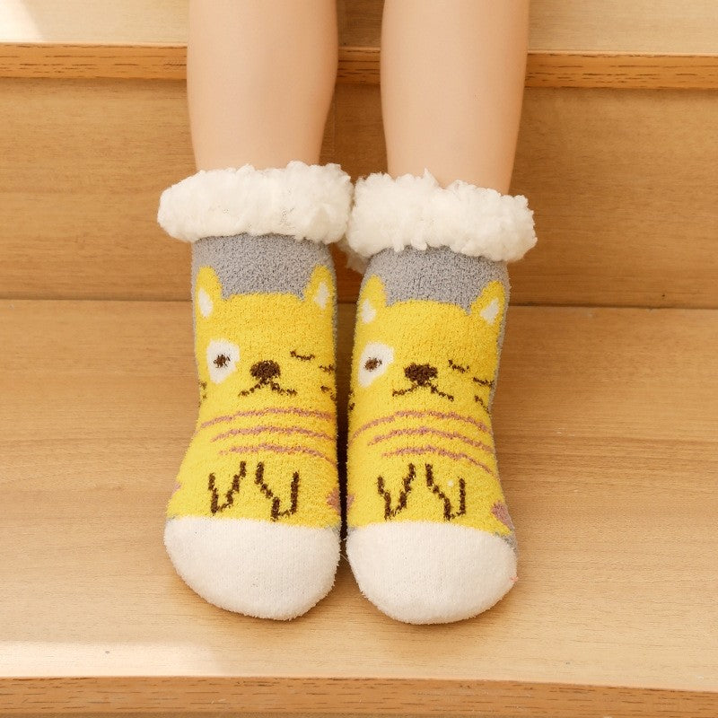 Cute Cartoon Printed Fleece Lininig  Non-Slip Kids Warm Floor Socks