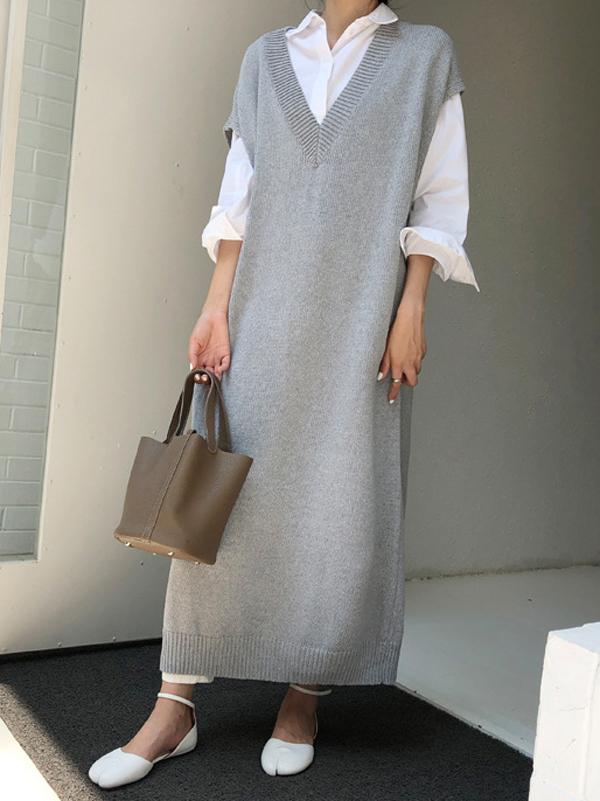 Meselling99 Knitting Loose V-Neck Sleeveless Long Dress-Maxi Dress-GRAY-FREE SIZE-Free Shipping at meselling99