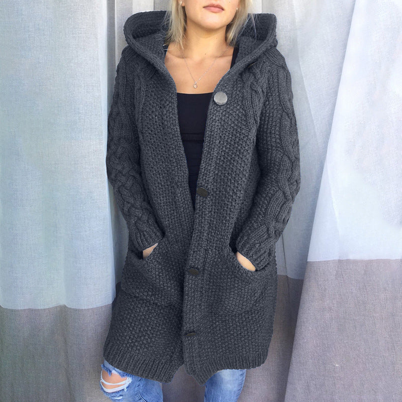 Women's Winter Hooded Single Button Slim Knit Sweater