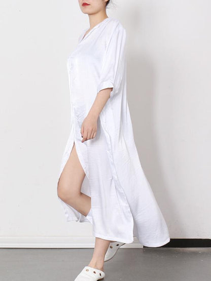 Meselling99 Soft White Lapel Split-Side Long Dress-Maxi Dress-WHITE-FREE SIZE-Free Shipping at meselling99