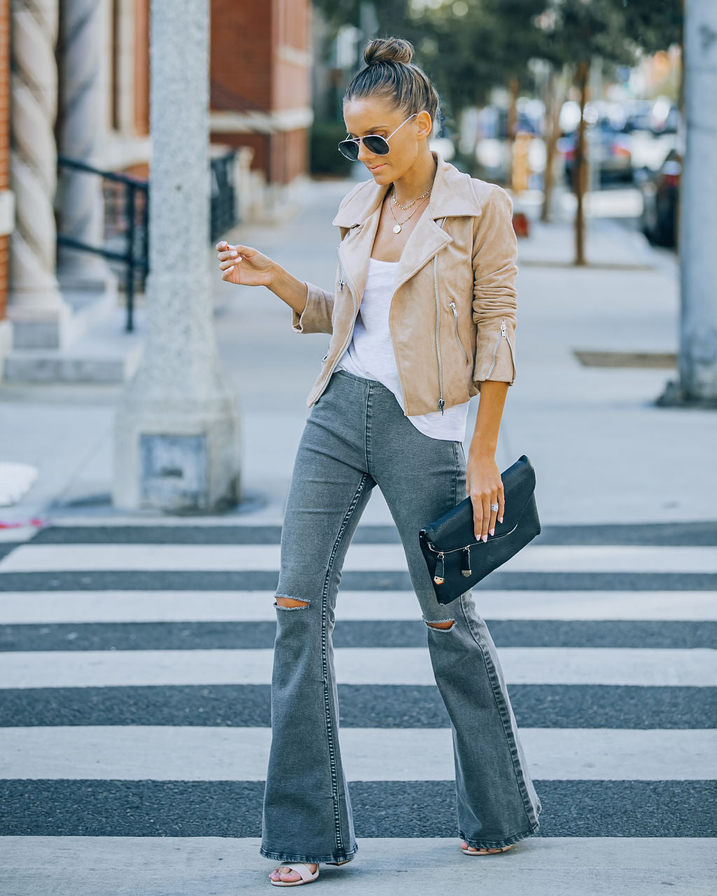 Road Trip Distressed Bell Bottom Denim Pants - Light Charcoal