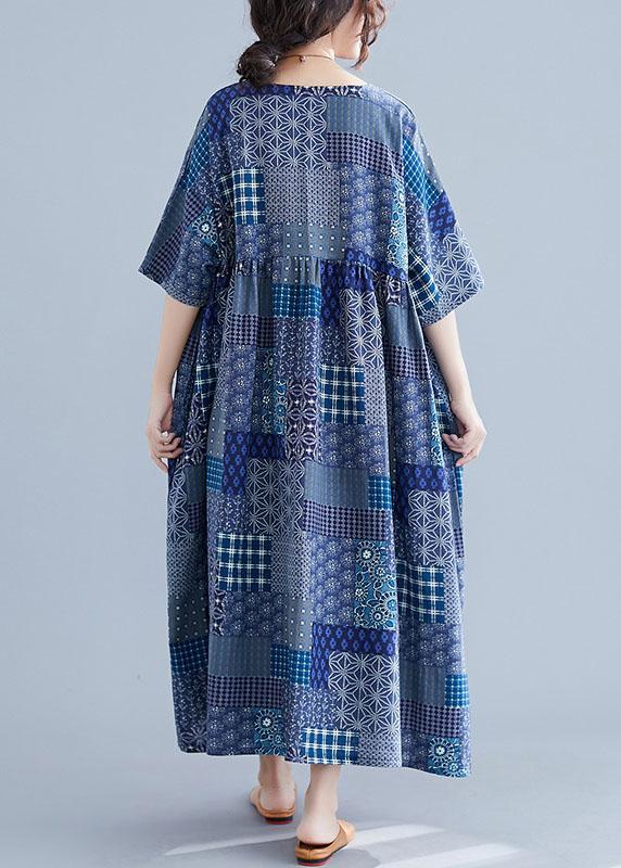 Italian navy plaid linen cotton clothes For Women o neck Cinched cotton Dress-Summer Dress Long-One Size-The Same as Picture-Free Shipping at meselling99