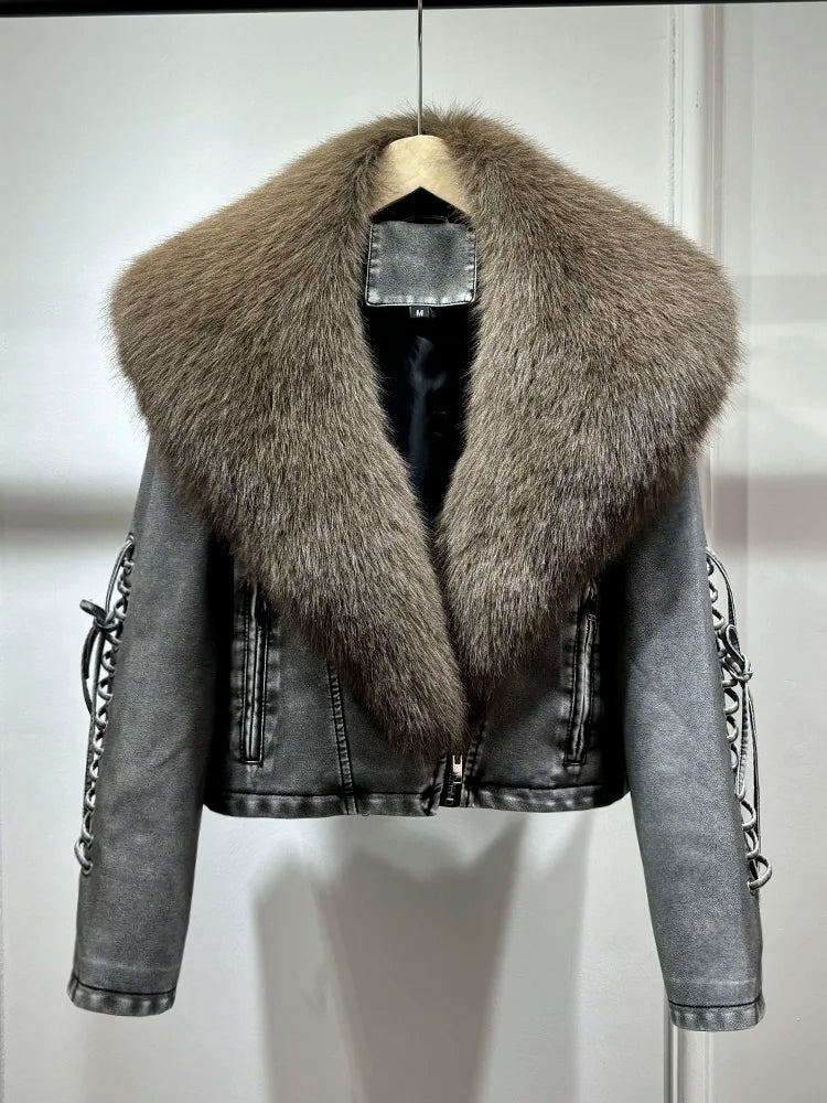 Women Vintage Loose Washed Faux Leather Short Zipper Jacket Coats