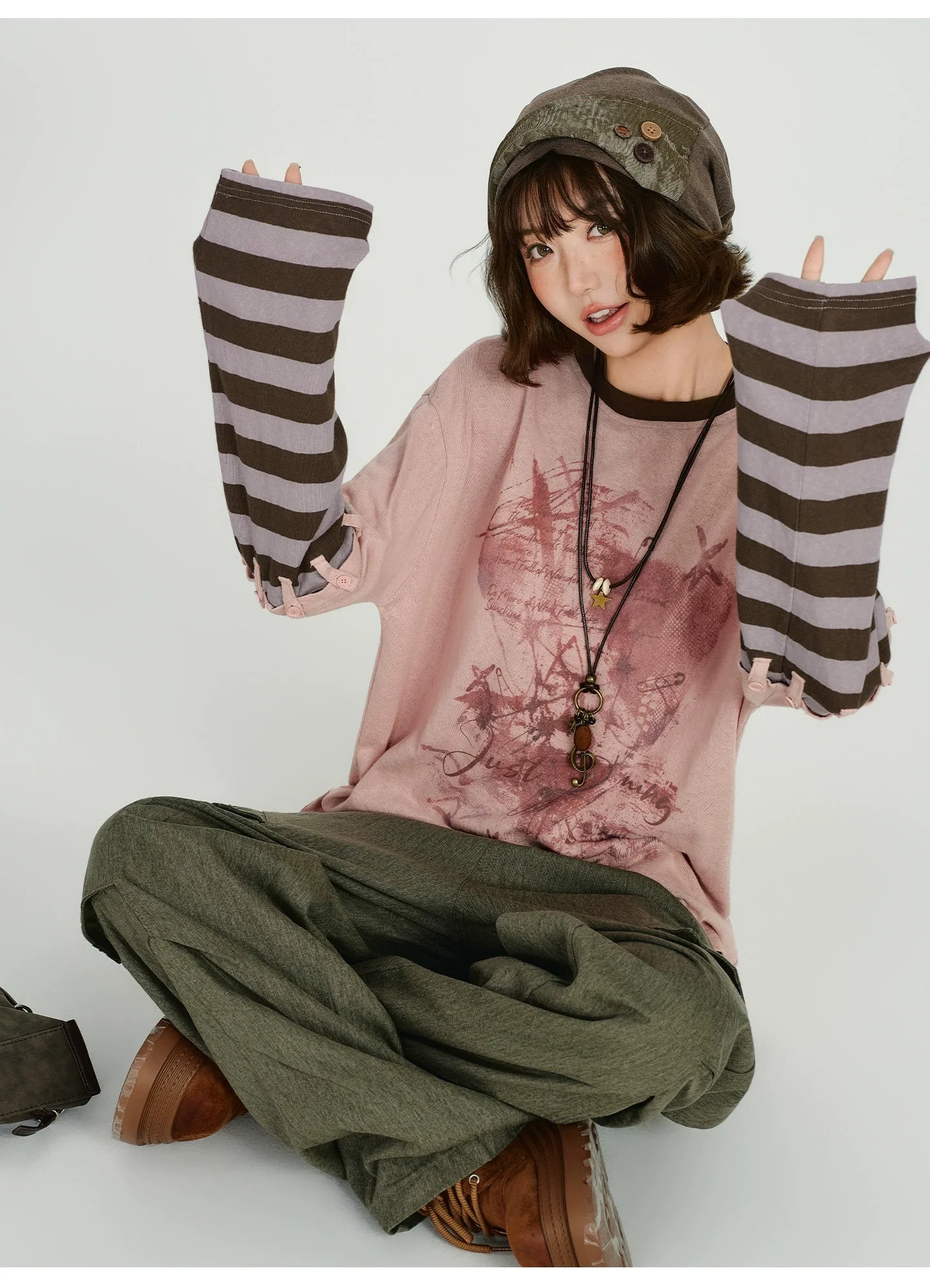 Girlyhalo Retro Vintage Two-Tier Layered Long Sleeve T-Shirt for Women