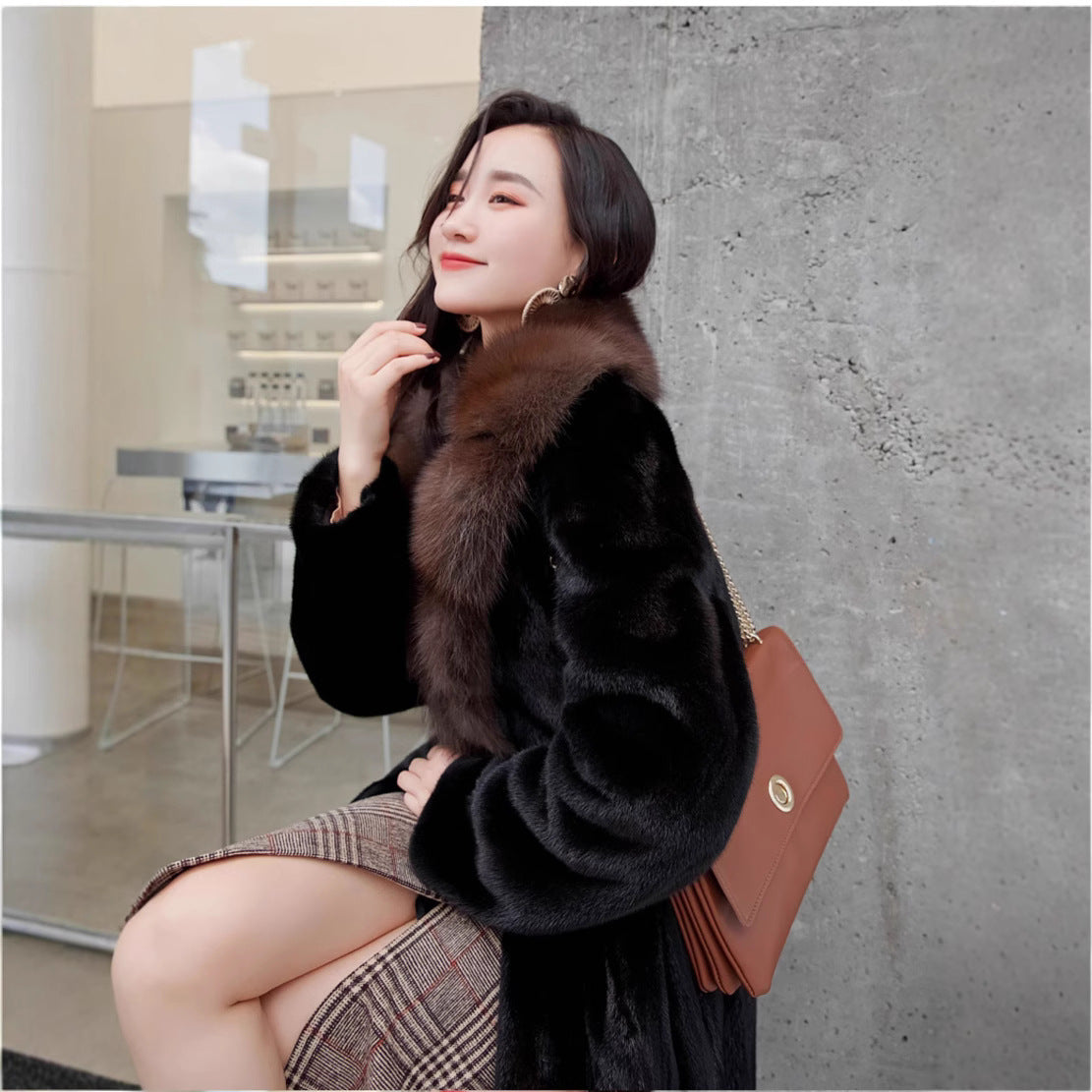 Women's Mink Fur Collar Faux Fur Coat