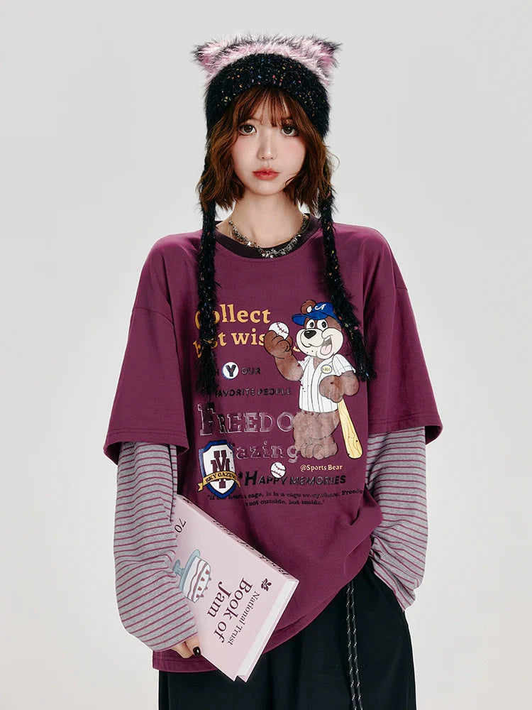 Girlyhalo Retro Two-Tone Long Sleeve T-Shirt for Women-Purple-S-Free Shipping Leatheretro