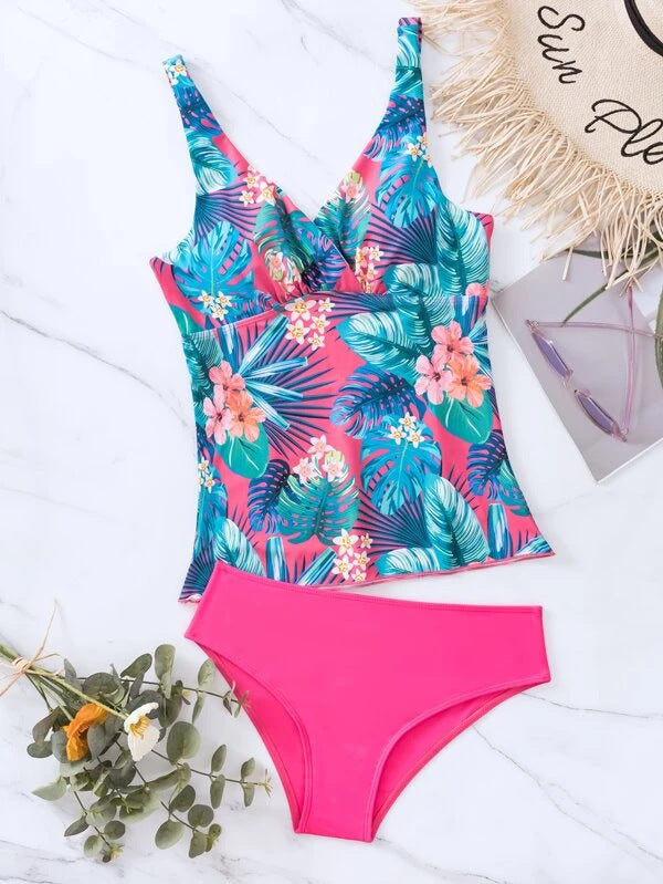 Women's Tankini Swimsuit Two-Piece with Leaf Print Straps