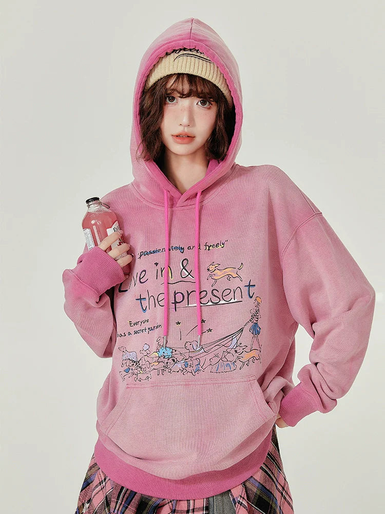 Girlyhalo Retro Hooded Sweatshirt-Pink without Velvet-S-Free Shipping Leatheretro