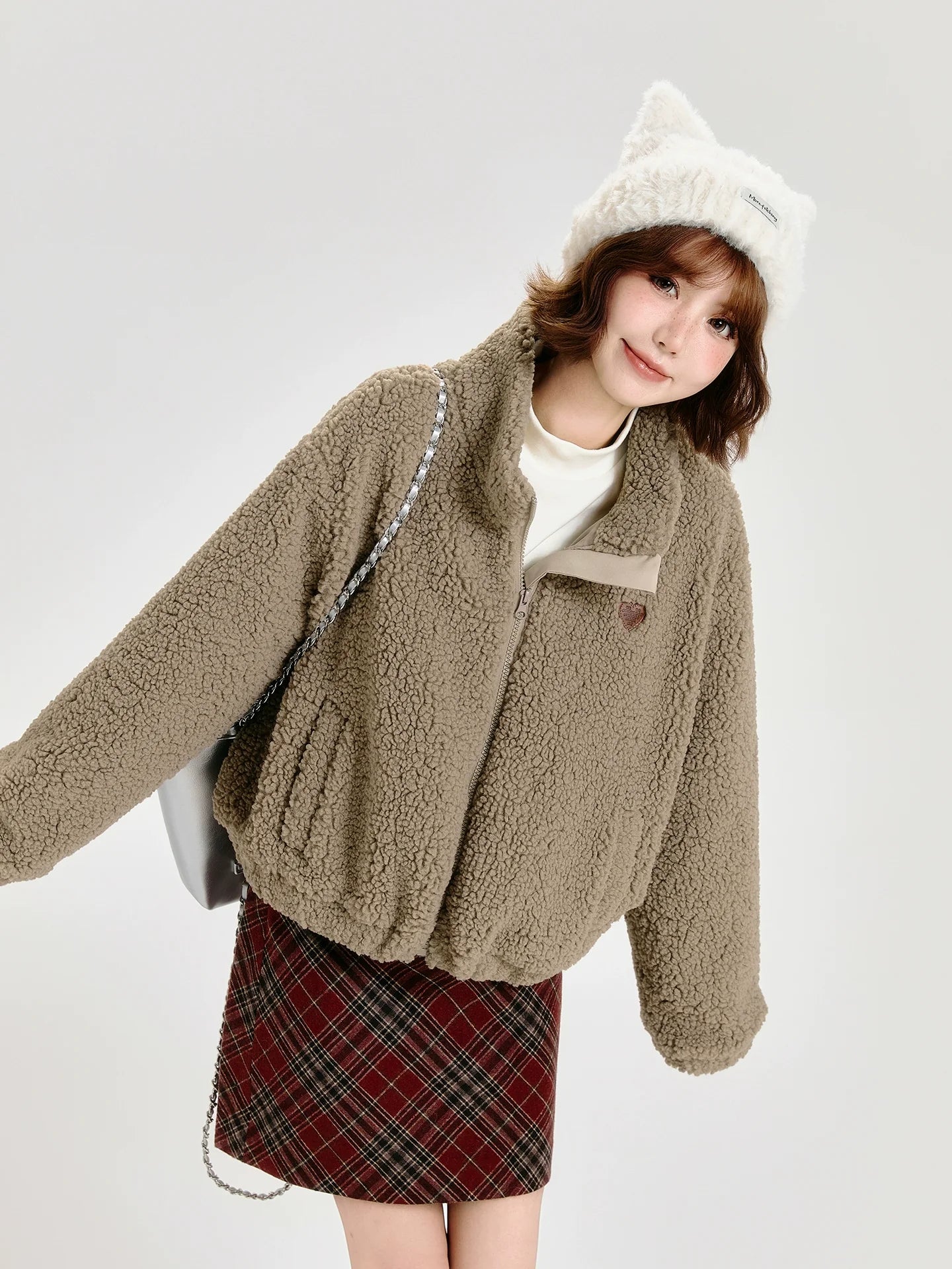 Girlyhalo Women's Vintage Faux Shearling Jacket-Khaki-S-Free Shipping Leatheretro