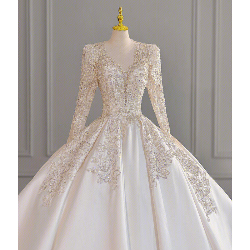 Gorgeous Court V Neck Satin Long Sleeves Bridal Dresses