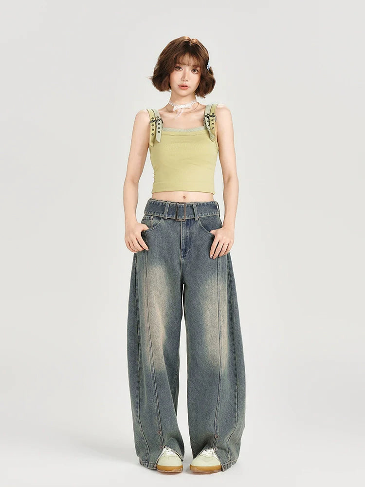 Girlyhalo Women's Vintage Washed Wide-Leg Jeans-S-Blue-Free Shipping Leatheretro