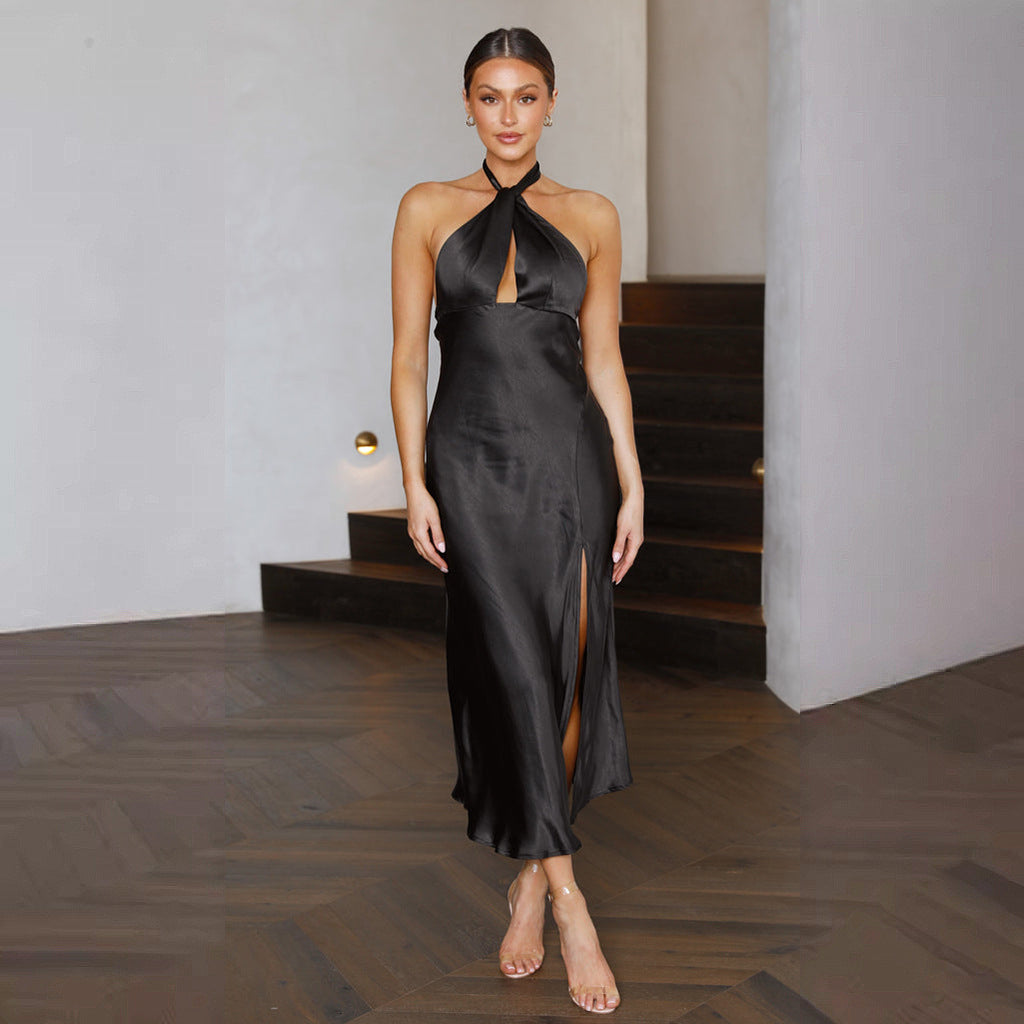 Women's Satin Halter Neck Slit Maxi Dress with Cinched Waist
