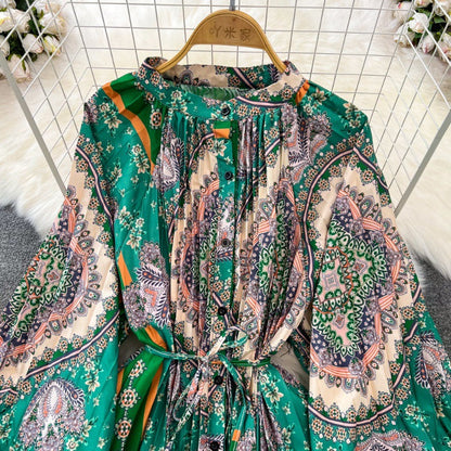 Retro Palace Style Lantern Sleeve Round Neck A-Line Floral Print Button-Down Waist Dress
