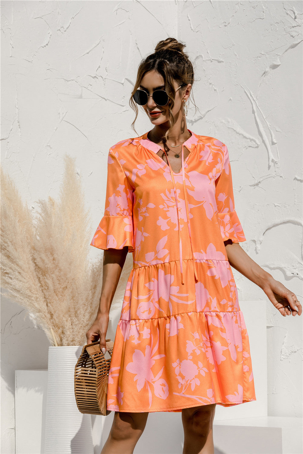 Women's V-Neck Flared Sleeve Tiered Contrast Panel Dress