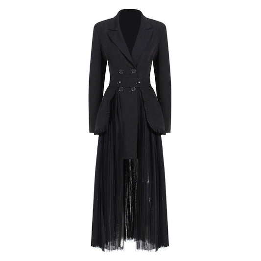 Women's Long Blazer & Chiffon Pleated Skirt Two-Piece Set
