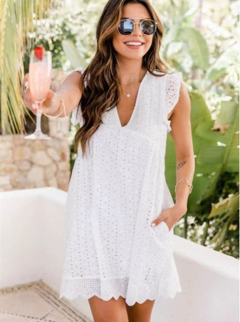 Women's Lace Jacquard Hollow-Out V-Neck Dress with Shorts