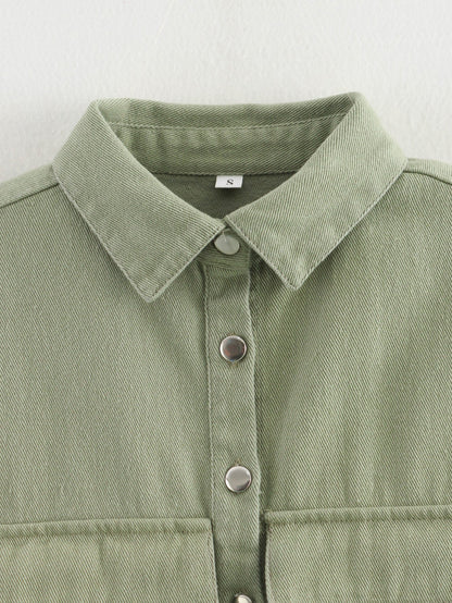 Women's Solid Color Oversized Pocket Sleeveless Polo Collar Denim Shirt Top