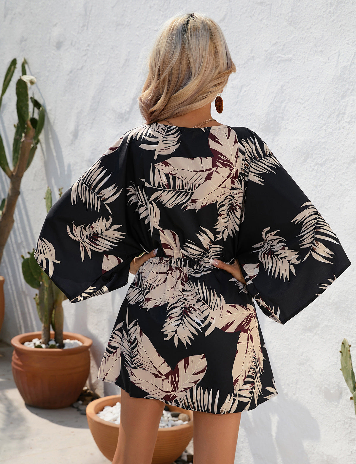 Women's Summer Leaf Print Short Sleeve Short Mini Dress