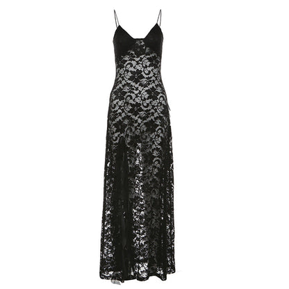 Summer Black Slim Fit High Waist V-Neck Mesh Slip Dress