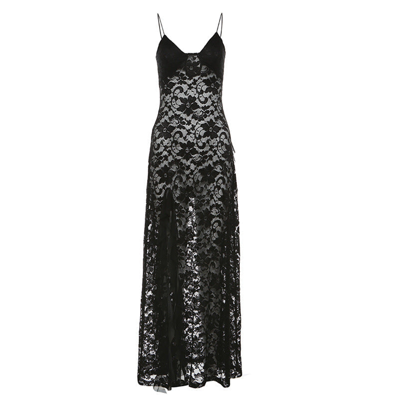 Summer Black Slim Fit High Waist V-Neck Mesh Slip Dress