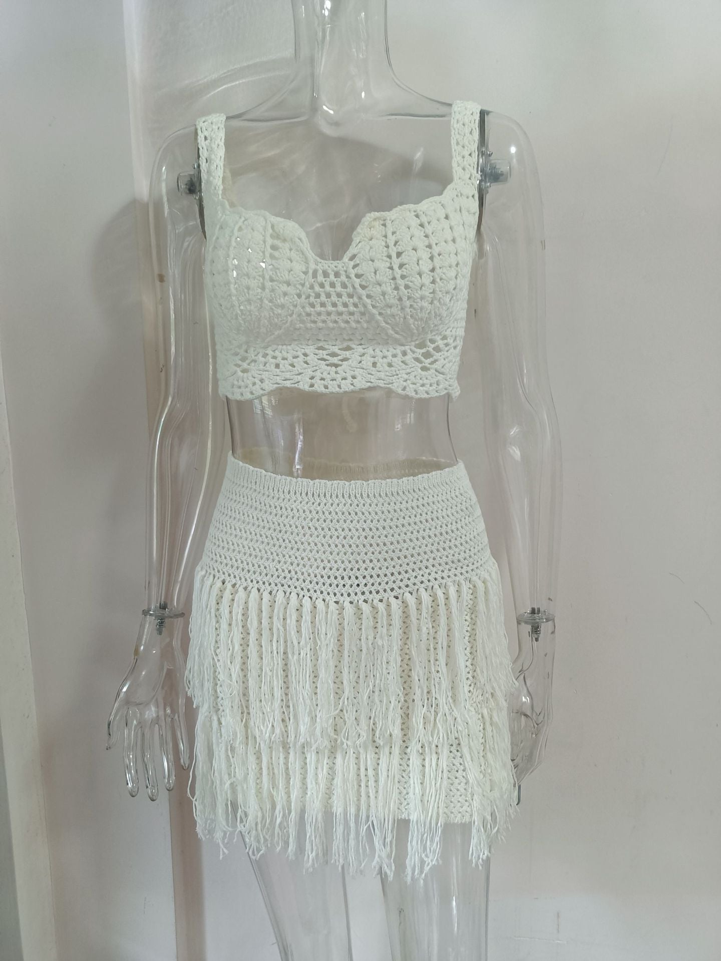 Women's Fringe Knit Bikini Set – Sexy Beach Two-Piece Swimsuit & Wrap Top