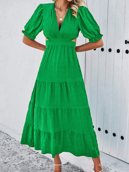 Casual V Neck Short Sleeves Long Dresses