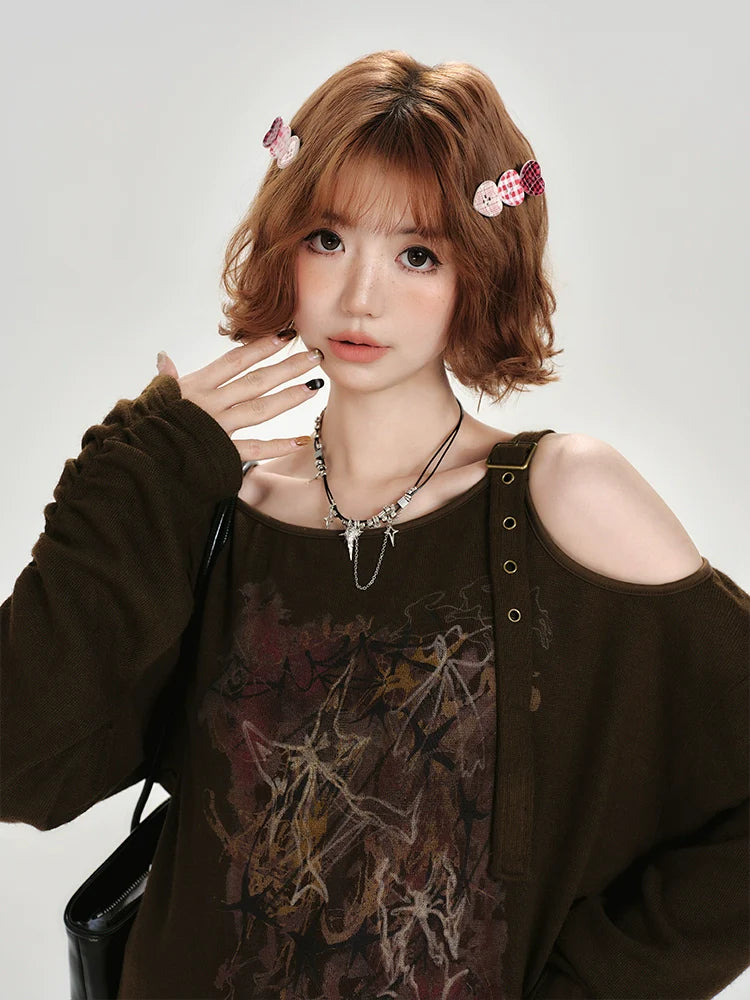 Girlyhalo Vintage Off-Shoulder Long Sleeve Top-As Photo-S-Free Shipping Leatheretro