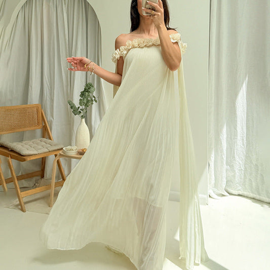Designed Women's Floral Patchwork Maxi Dress with 3D Flower Shoulder
