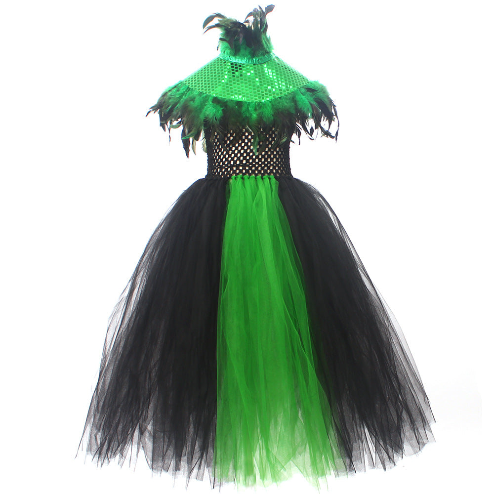 Halloween Glitter Feather Collar Witch Long Dress