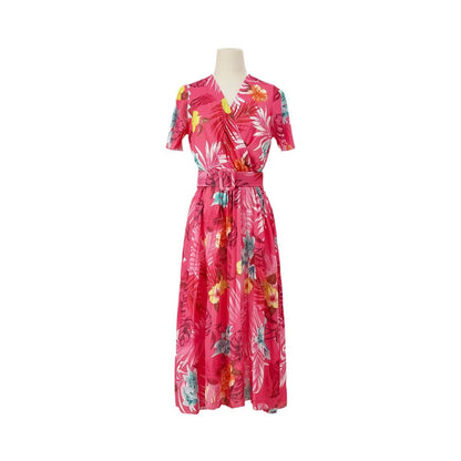 Summer Floral Print Crinkle Midi Short Sleeve Dress