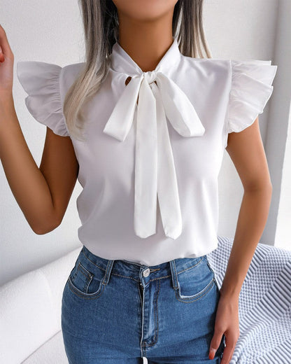 Solid Color Ruffled Tie-Bow Blouse – Elegant Women’s Shirt