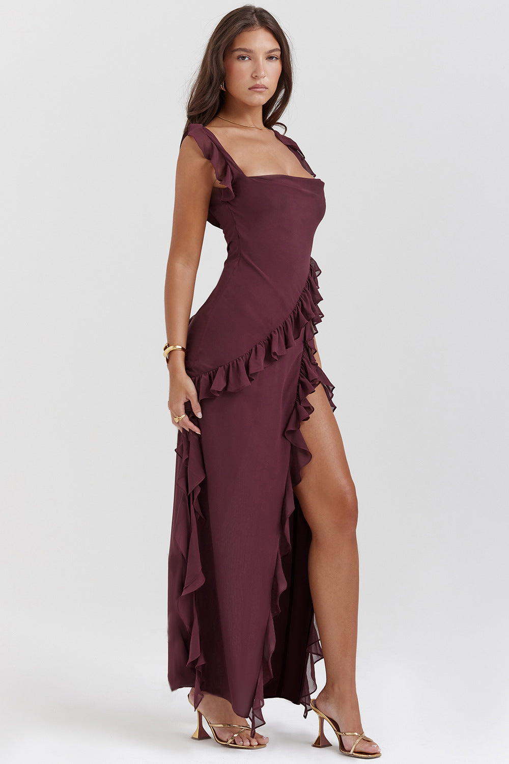 Strappy Ruffle Detail High-Slit Long Dress
