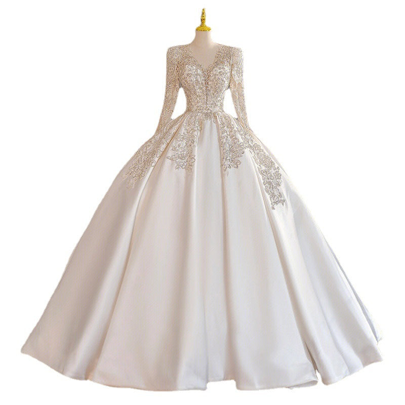 Gorgeous Court V Neck Satin Long Sleeves Bridal Dresses