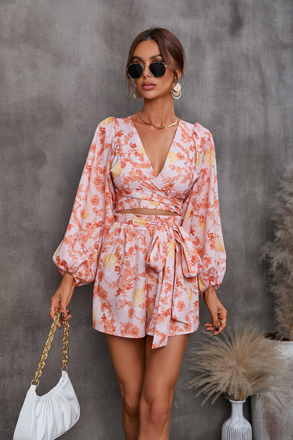 Floral Print V-Neck Long Sleeve Shorts Jumpsuit