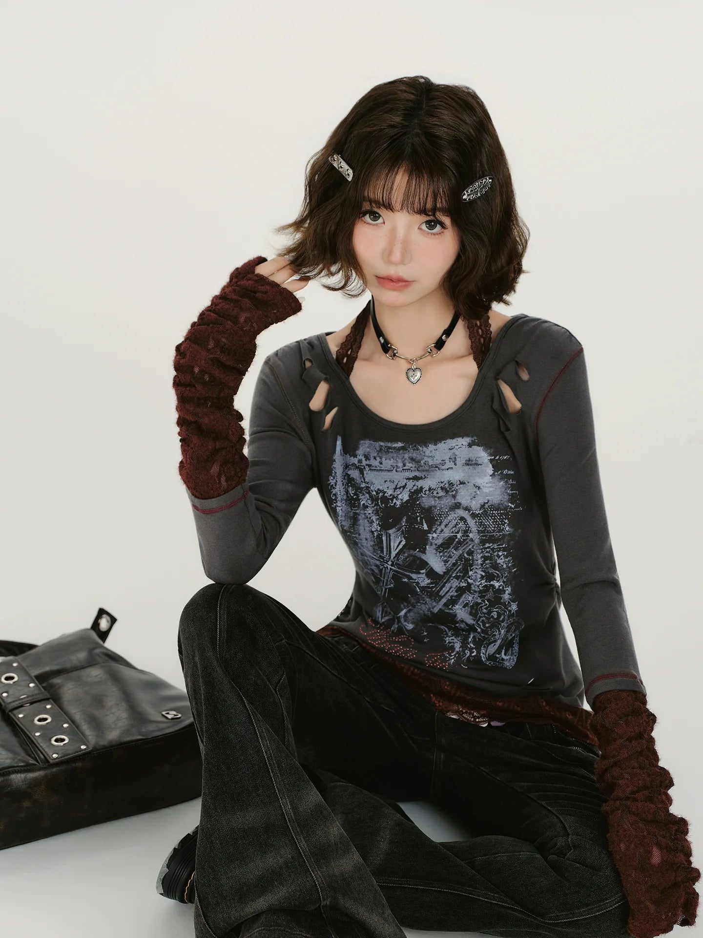 Girlyhalo Retro Patchwork Lace Distressed Long Sleeve T-Shirt