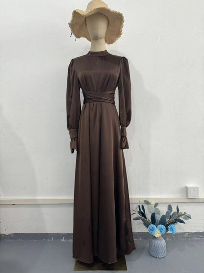 Elegant Long-sleeved Waist-tied Puff-sleeved  Women Dresses