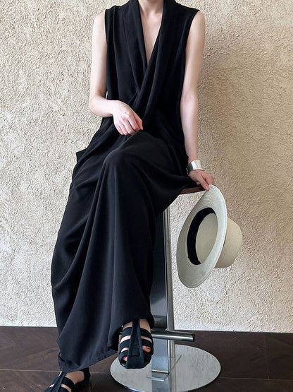 Women's V-Neck Sleeveless Twist Knot Long Dress-Pumpkin color-M-Free Shipping Leatheretro