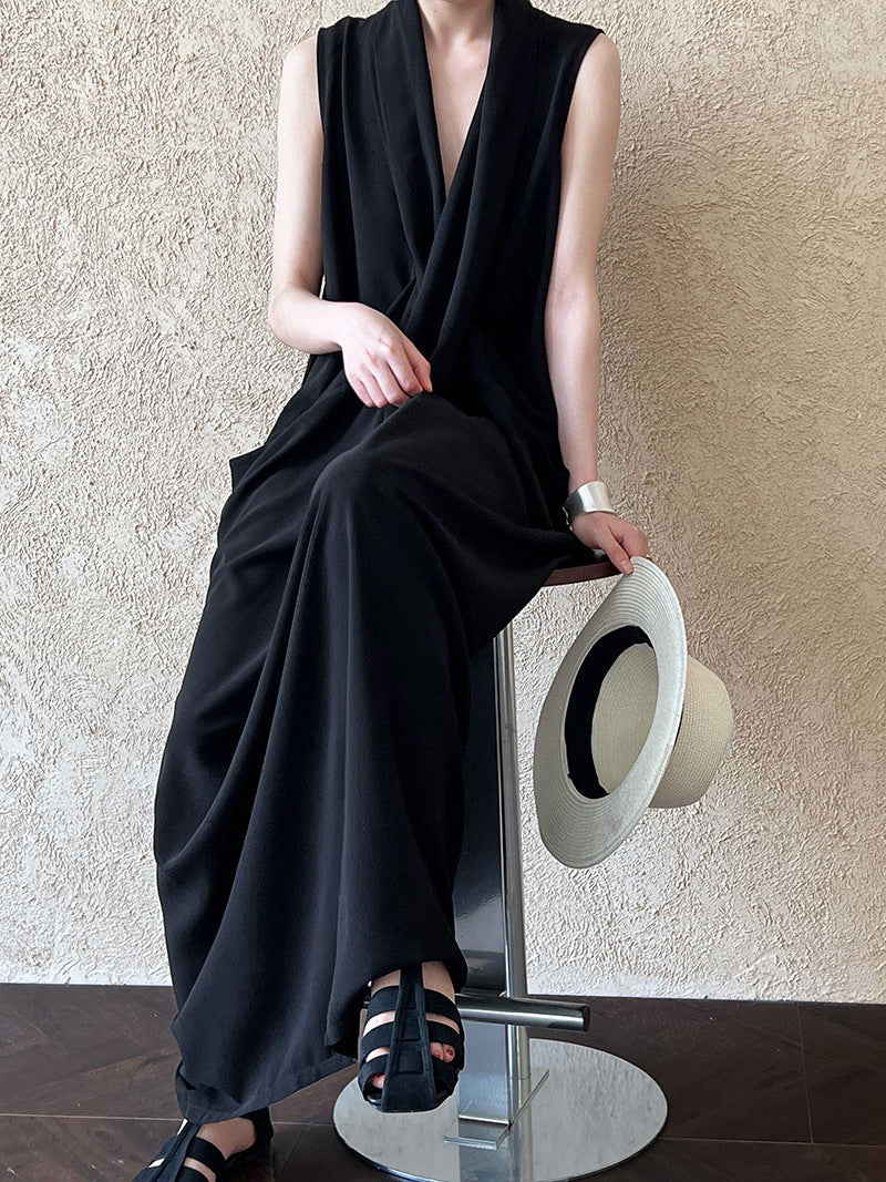 Women's V-Neck Sleeveless Twist Knot Long Dress-Pumpkin color-M-Free Shipping Leatheretro