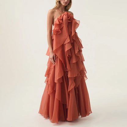 Elegant High-Society Style Dress – Off-Shoulder Backless Maxi Dress with Layered Hem
