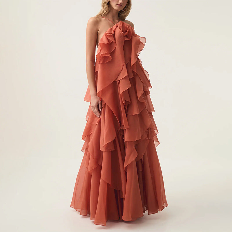 Elegant High-Society Style Dress – Off-Shoulder Backless Maxi Dress with Layered Hem