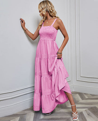 Women's Striped Vacation Dress with Sleeveless Design