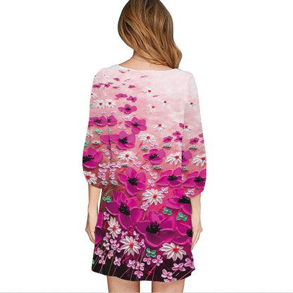 Casual Floral Print 3/4 Length Sleeves Short Dresses
