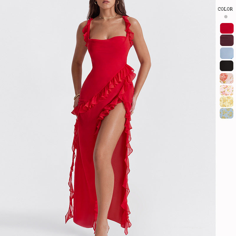Strappy Ruffle Detail High-Slit Long Dress
